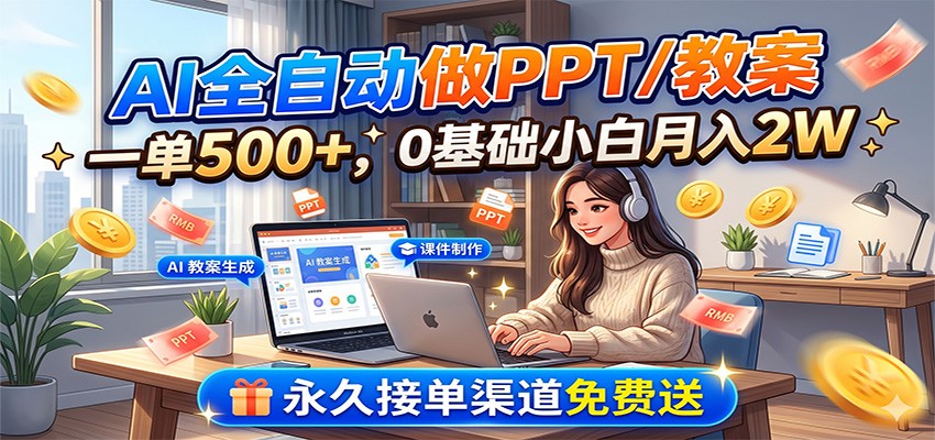 AI全自动做PPT/教案，一单500+，0基础小白月入2W，永久接单渠道免费送-天韵资源网
