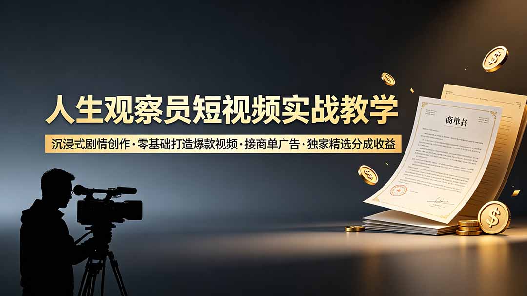 人生观察员短视频实战教学，沉浸式剧情创作，零基础打造爆款视频，接商单广告，独家精选分成收益-天韵资源网