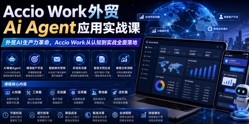 Accio Work外贸Ai Agent应用实战课，外贸AI生产力革命，Accio Work从认知到实战全面落地-天韵资源网