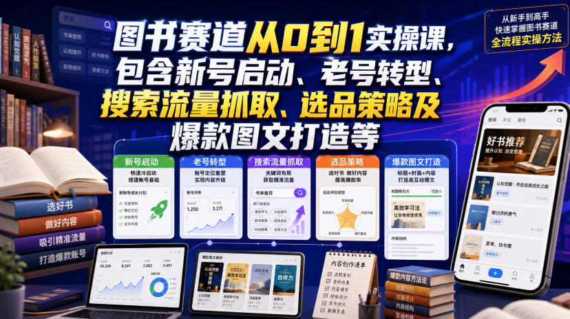 图书赛道从0到1实操课，包含新号启动、老号转型、搜索流量抓取、选品策略及爆款图文打造等-天韵资源网