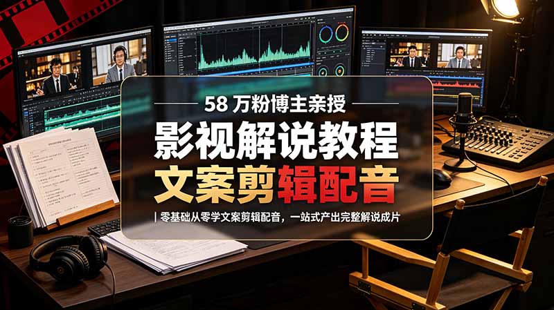 58 万粉博主荧幕春秋亲授影视解说教程｜零基础从零学文案剪辑配音，一站式产出完整解说成片-天韵资源网