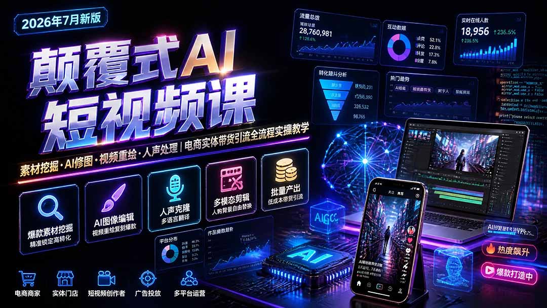 颠覆式AI短视频课｜素材挖掘，AI修图，视频重绘，人声处理｜电商实体带货引流全流程实操教学-天韵资源网