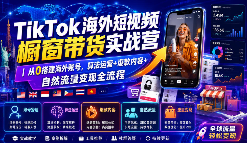 TikTok海外短视频橱窗带货实战营｜从0搭建海外账号，算法运营+爆款内容+自然流量变现全流程-天韵资源网