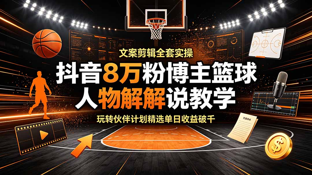 抖音8万粉博主篮球人物解说教学，文案剪辑全套实操，玩转伙伴计划精选单日收益破千-天韵资源网