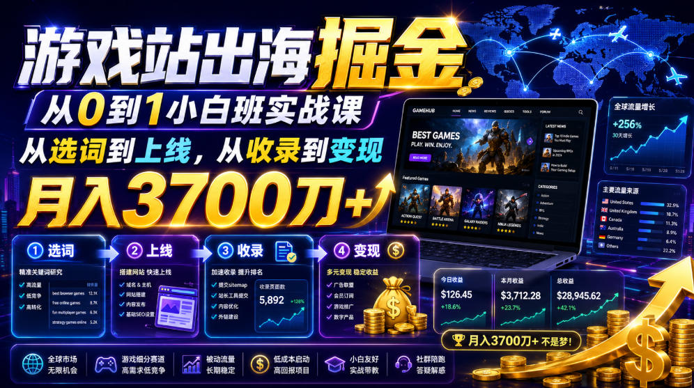 游戏站出海掘金从0到1小白实战课，从选词到上线，从收录到变现，月入3700刀+-天韵资源网