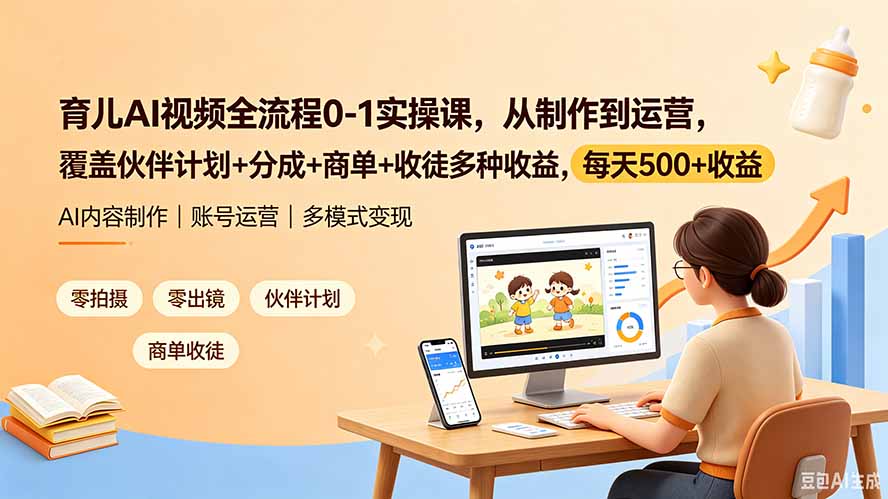 育儿AI视频全流程0-1实操课，从制作到运营，覆盖伙伴计划+分成+商单+收徒多种收益，每天500+收益-天韵资源网