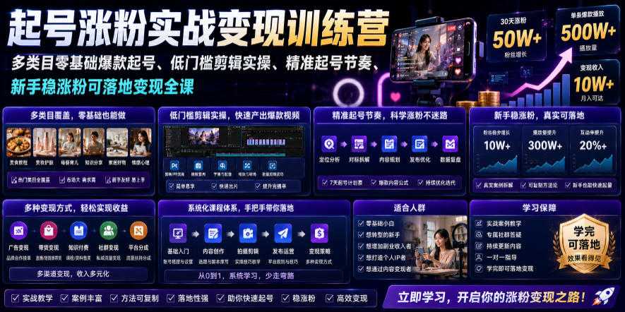 苗子起号涨粉实战变现训练营，多类目零基础爆款起号、精准起号节奏、新手稳涨粉可落地变现全课-天韵资源网