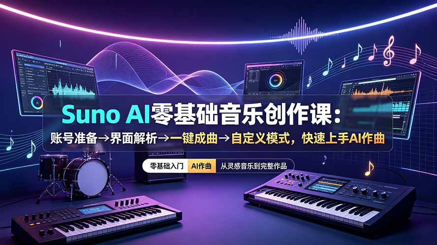 Suno AI零基础音乐创作课:账号准备→界面解析→一键成曲→自定义模式,快速上手AI作曲-天韵资源网