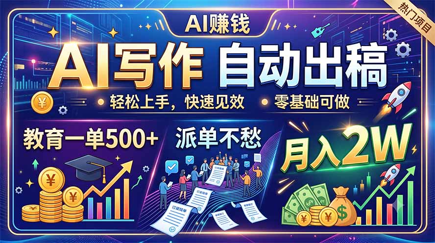 AI写作自动出稿，教育一单500+，派单不愁，月入2W-天韵资源网