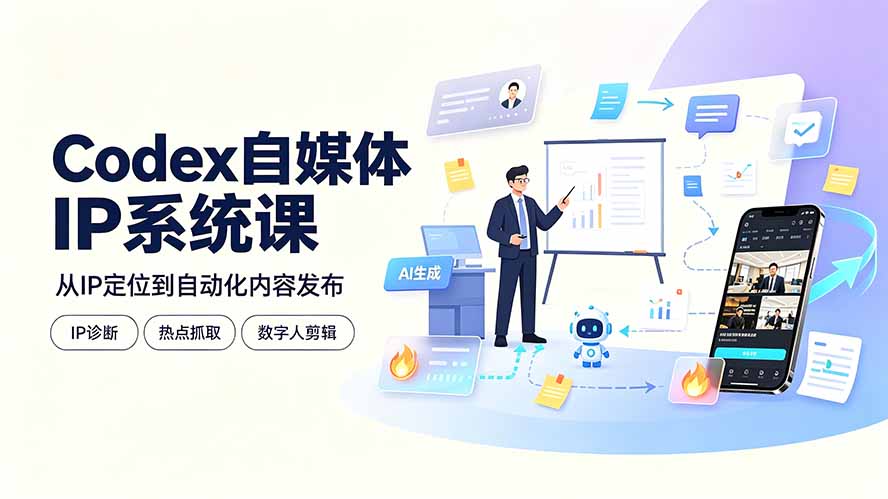 Codex自媒体IP系统课：IP诊断/热点抓取/IP蒸馏 Skill，爆款复刻数字人多平台自动发布教程-天韵资源网