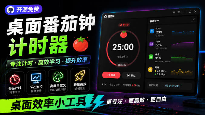 仅1.16MB，开源极简的桌面时钟、番茄钟计时器，还支持系统监控显示，桌面效率小工具Catime-天韵资源网