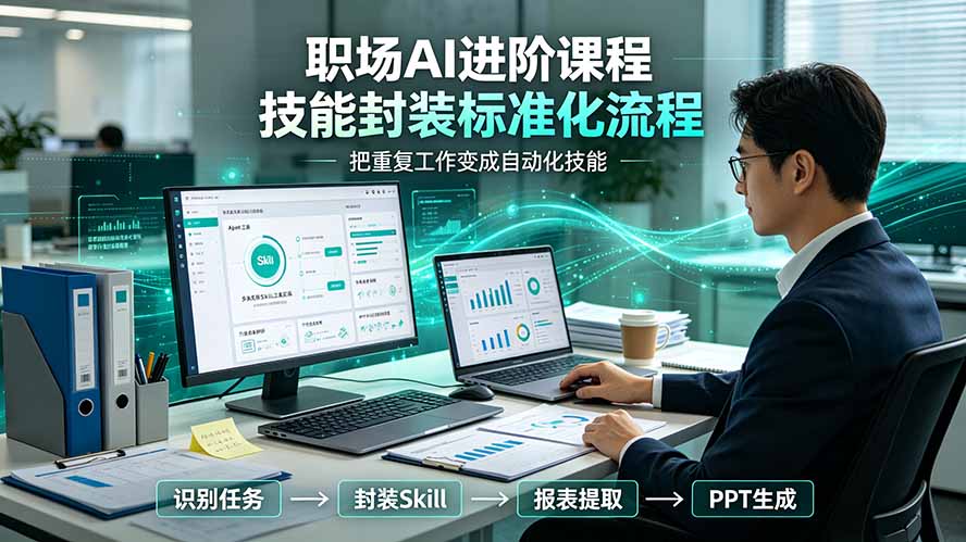 职场AI进阶课程；多类实用Skill工具实操，专属技能封装标准化流程，报表行业报告一键提取核心内容-天韵资源网