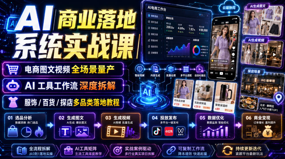 AI商业落地系统实战课｜电商图文视频全场景量产・AI工具工作流深度拆解・服饰/百货/探店多品类落地教程-天韵资源网