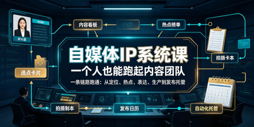 自媒体IP系统课，一个人也能跑起内容团队，一条链路跑通，从定位、热点、表达、生产到发布托管-天韵资源网