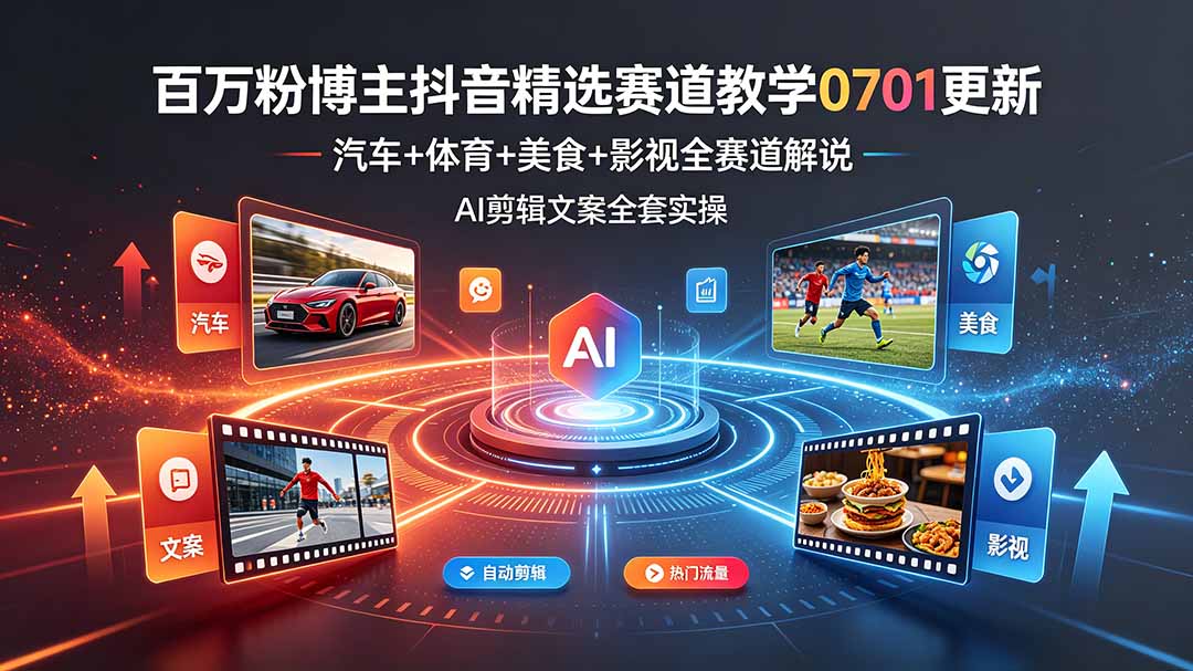 百万粉博主抖音精选赛道教学-0701更新，汽车+体育+美食+影视全赛道解说，AI剪辑文案全套实操-天韵资源网