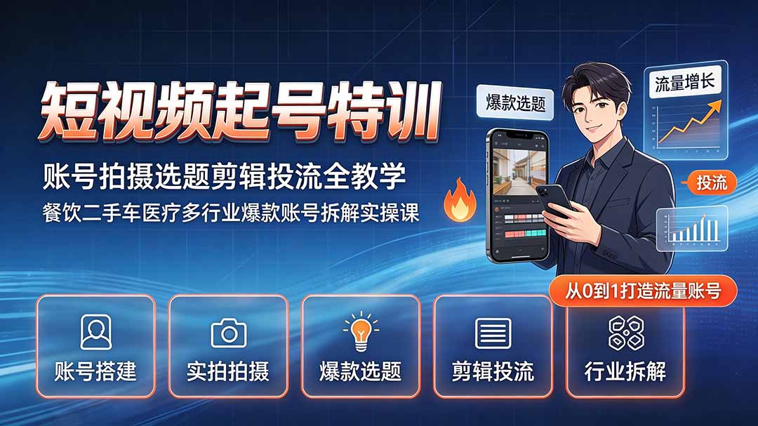 短视频起号特训｜账号拍摄选题剪辑投流全教学，餐饮二手车医疗多行业爆款账号拆解实操课-天韵资源网