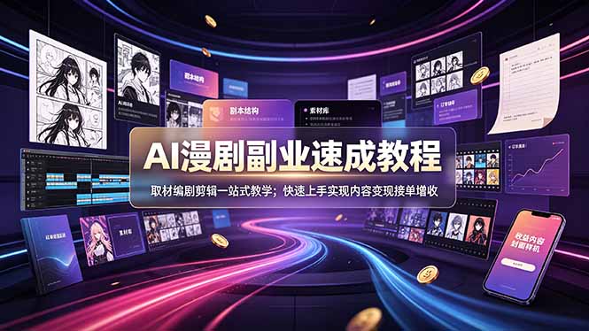 AI漫剧副业速成教程，取材编剧剪辑一站式教学；快速上手实现内容变现接单增收-天韵资源网