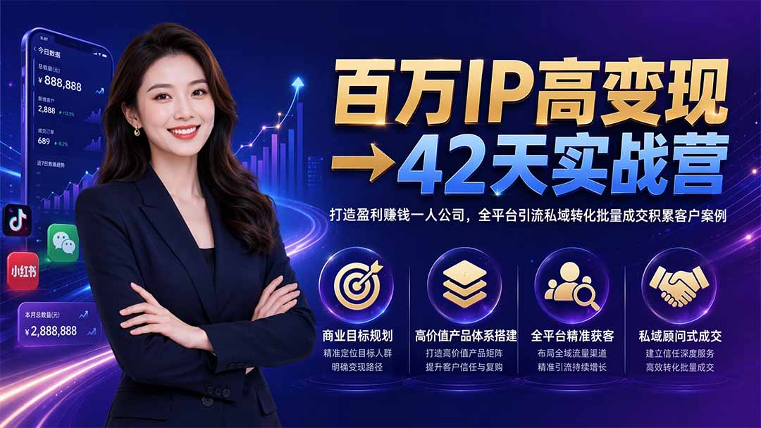 百万IP高变现→42天实战营｜打造盈利赚钱一人公司，全平台引流私域转化批量成交积累客户案例-天韵资源网