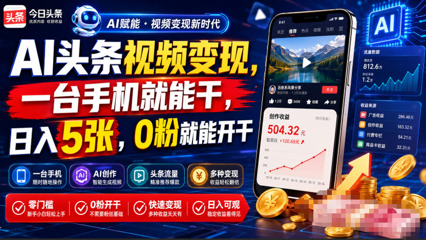 AI头条视频变现,一台手机就能干,日入5张,0粉就能开干-天韵资源网