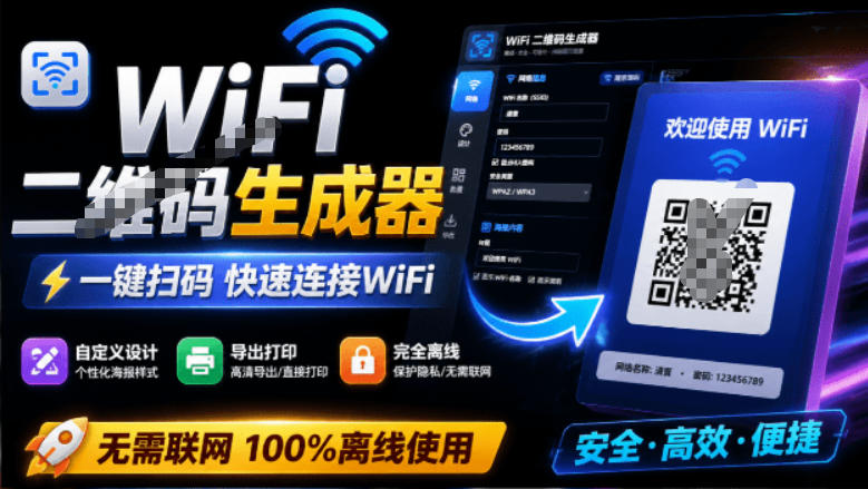 完全离线使用！WiFi二维码生成器，一键扫码快速连接WiFi，支持自定义风格导出WiFi二维码生成器-天韵资源网