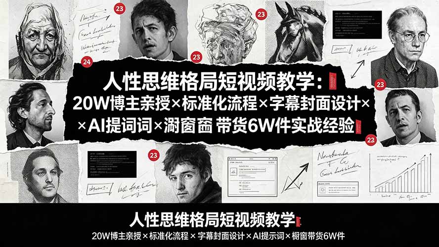 人性思维格局短视频教学：20W博主亲授×标准化流程×字幕封面设计×AI提示词×橱窗带货6W件实战经验-天韵资源网