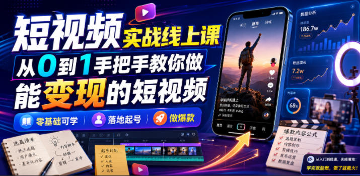 短视频实战线上课，从0到1手把手教你做能变现的短视频，零基础可学，落地起号做爆款-天韵资源网