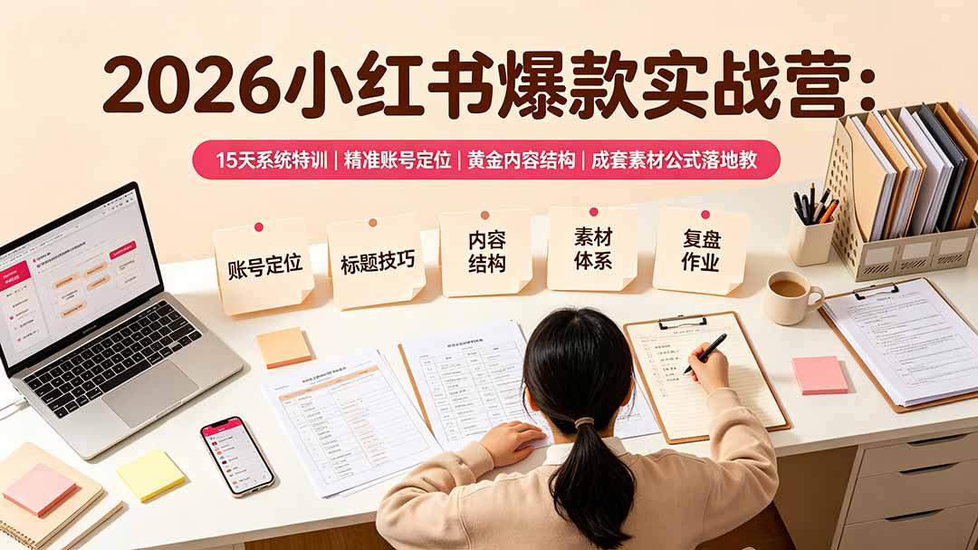 2026小红书爆款实战营:15天系统特训|精准账号定位|黄金内容结构|成套素材公式落地教程-天韵资源网