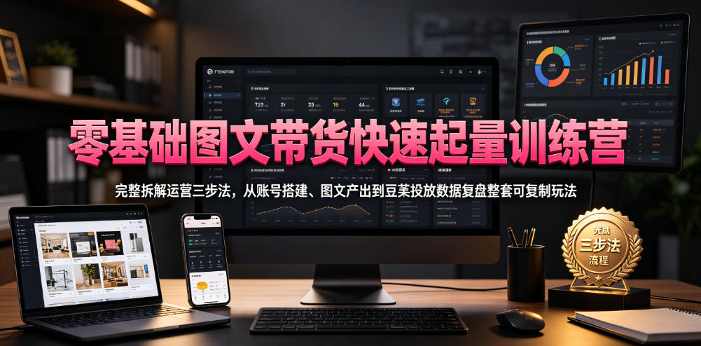 零基础图文带货快速起量训练营，完整拆解运营三步法，从账号搭建、图文产出到豆荚投放数据复盘整套可复制玩法-天韵资源网