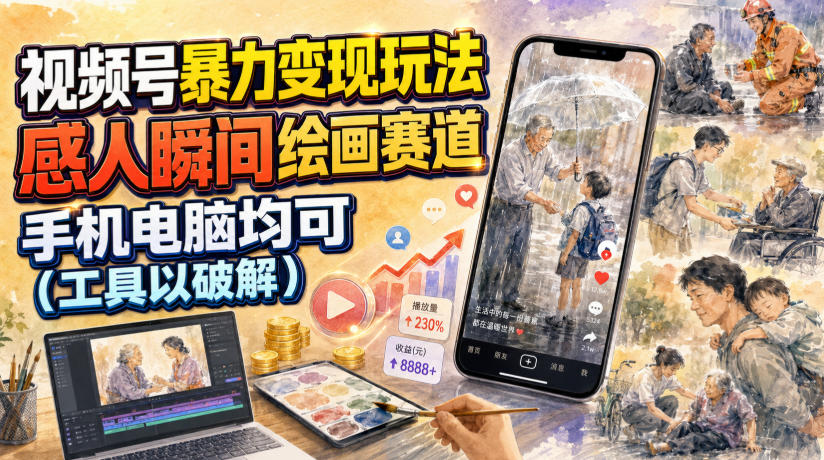 视频号暴力变现玩法，感人瞬间绘画赛道，手机电脑均可-天韵资源网