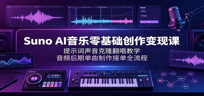 Suno AI音乐零基础创作变现课：提示词声音克隆翻唱教学，音频后期单曲制作接单全流程-天韵资源网