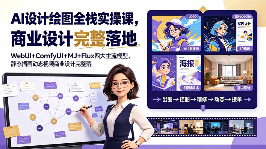 AI设计绘图全栈实操课，WebUI+ComfyUI+MJ+Flux四大主流模型，静态插画动态视频商业设计完整落地教程-天韵资源网