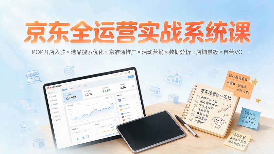 京东全运营实战系统课：POP开店入驻×选品搜索优化×京准通推广×活动营销×数据分析×店铺星级×自营VC-天韵资源网