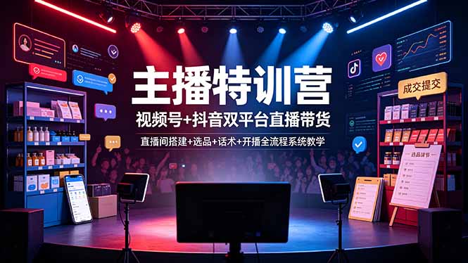 主播特训营：视频号+抖音双平台直播带货，直播间搭建+选品+话术+开播全流程系统教学-天韵资源网