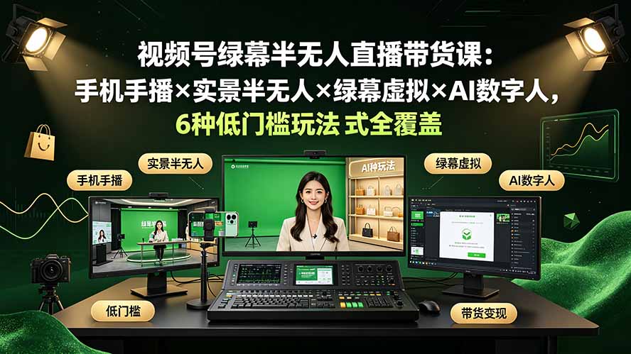 视频号绿幕半无人直播带货课：手机手播×实景半无人×绿幕虚拟×AI数字人，6种低门槛玩法全覆盖-天韵资源网