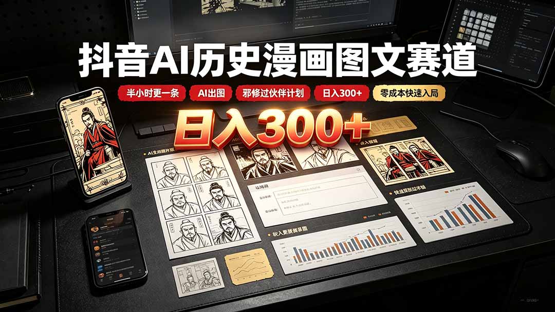 抖音AI历史漫画图文赛道：半小时更一条×AI出图×邪修过伙伴计划×日入300+，零成本快速入局-天韵资源网