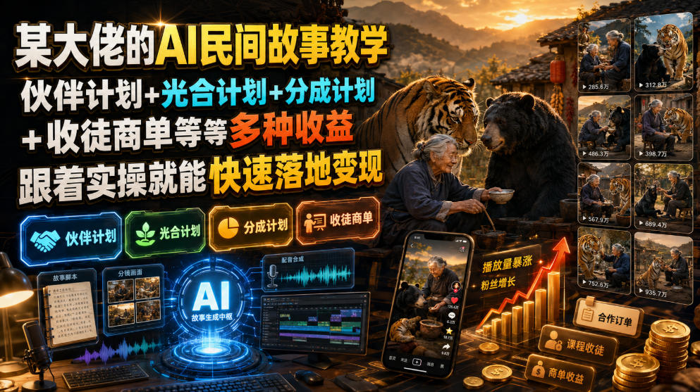 某大佬的AI民间故事教学，伙伴计划+光合计划+分成计划+收徒商单等多种收益，跟着实操就能快速落地变现-天韵资源网