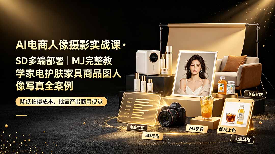 AI电商人像摄影实战课·SD多端部署|MJ完整教学|家电护肤家具商品图人像写真全案例-天韵资源网