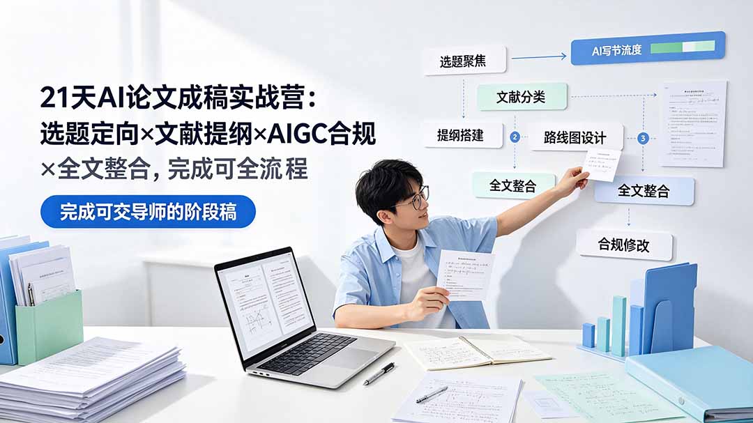 21天AI论文成稿实战营:选题定向×文献提纲×AIGC合规×全文整合,完成可交导师的阶段稿-天韵资源网