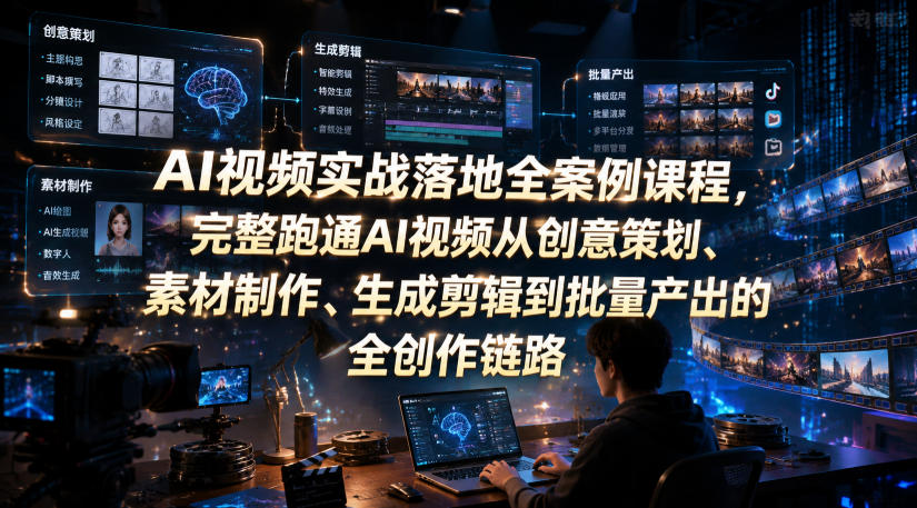 AI视频实战落地全案例课程，完整跑通AI视频从创意策划、素材制作、生成剪辑到批量产出的全创作链路-天韵资源网