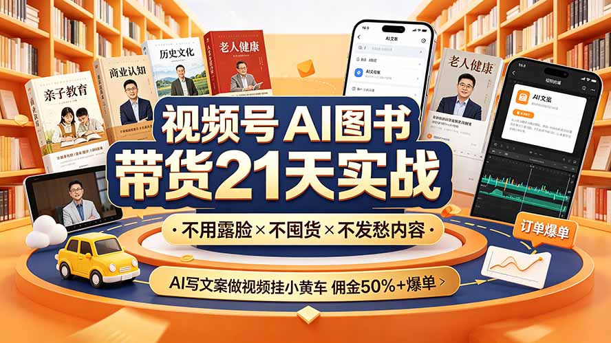 视频号AI图书带货21天实战:不用露脸×不囤货×不发愁内容,AI写文案做视频挂小黄车,佣金50%+爆单-天韵资源网