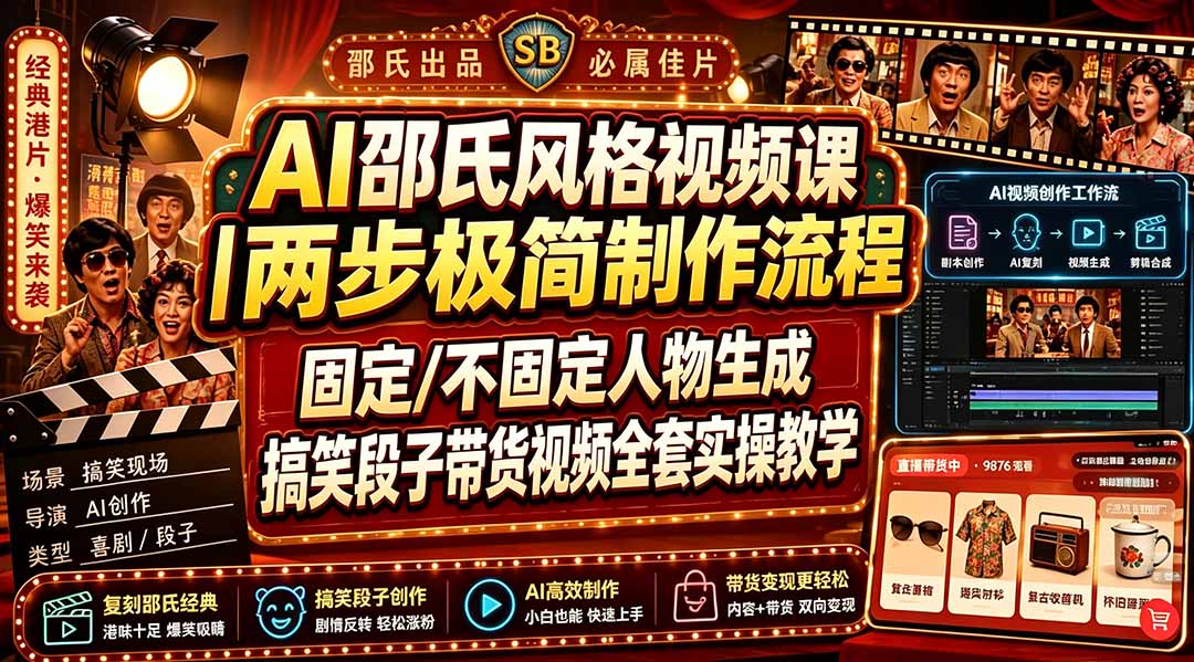 AI邵氏风格视频课｜两步极简制作流程，固定/不固定人物生成，搞笑段子带货视频全套实操教学-天韵资源网