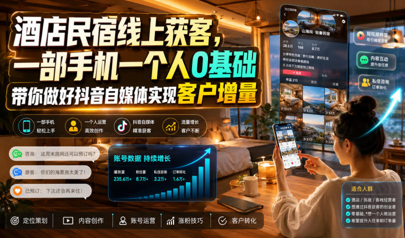酒店民宿线上获客，一部手机一个人0基础带你做好抖音自媒体实现客户增量-天韵资源网