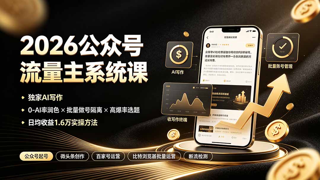 2026公众号流量主系统课:独家AI写作×0-AI率润色×批量做号隔离×高爆率选题,日均收益1.6万实操方法-天韵资源网