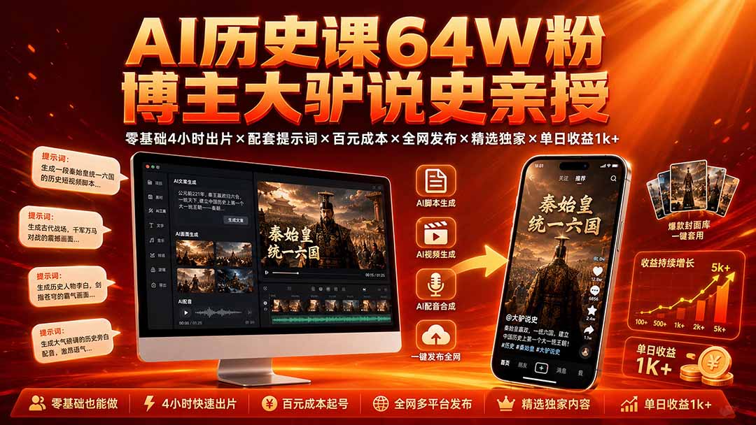 AI历史课64W粉博主大驴说史亲授:零基础4小时出片×配套提示词×百元成本×全网发布×精选独家×单日收益1k+-天韵资源网