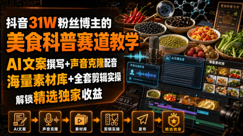 抖音31W粉丝博主的美食科普赛道教学，AI文案撰写+声音克隆配音+剪辑实操，解锁精选独家收益-天韵资源网