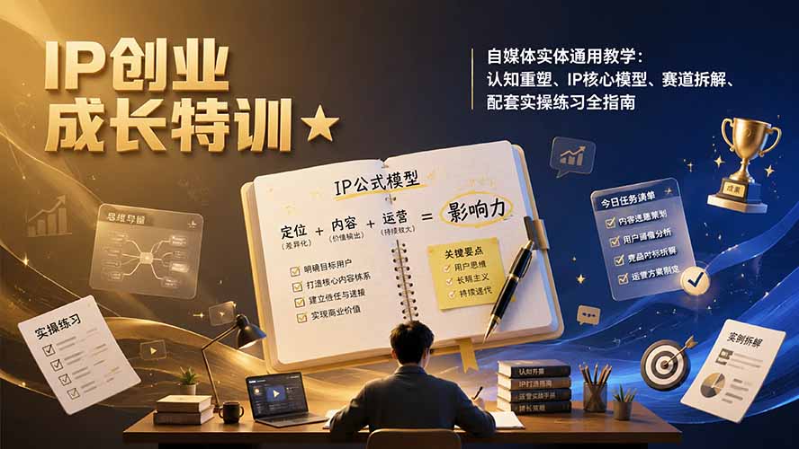 IP创业成长特训★自媒体实体通用教学：认知重塑、IP核心模型、赛道拆解、配套实操练习全指南-天韵资源网