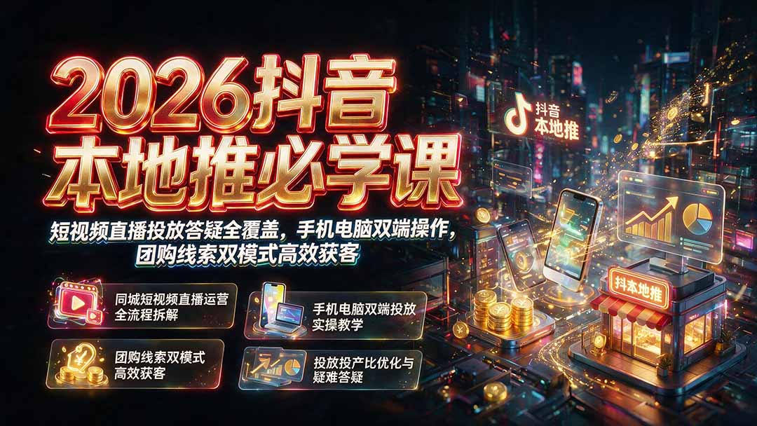 2026抖音本地推必学课｜短视频直播投放答疑全覆盖，手机电脑双端操作，团购线索双模式高效获客-天韵资源网