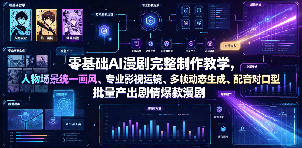 零基础AI漫剧完整制作教学，人物场景统一画风、专业影视运镜、多帧动态生成、配音对口型，批量产出剧情爆款漫剧-天韵资源网