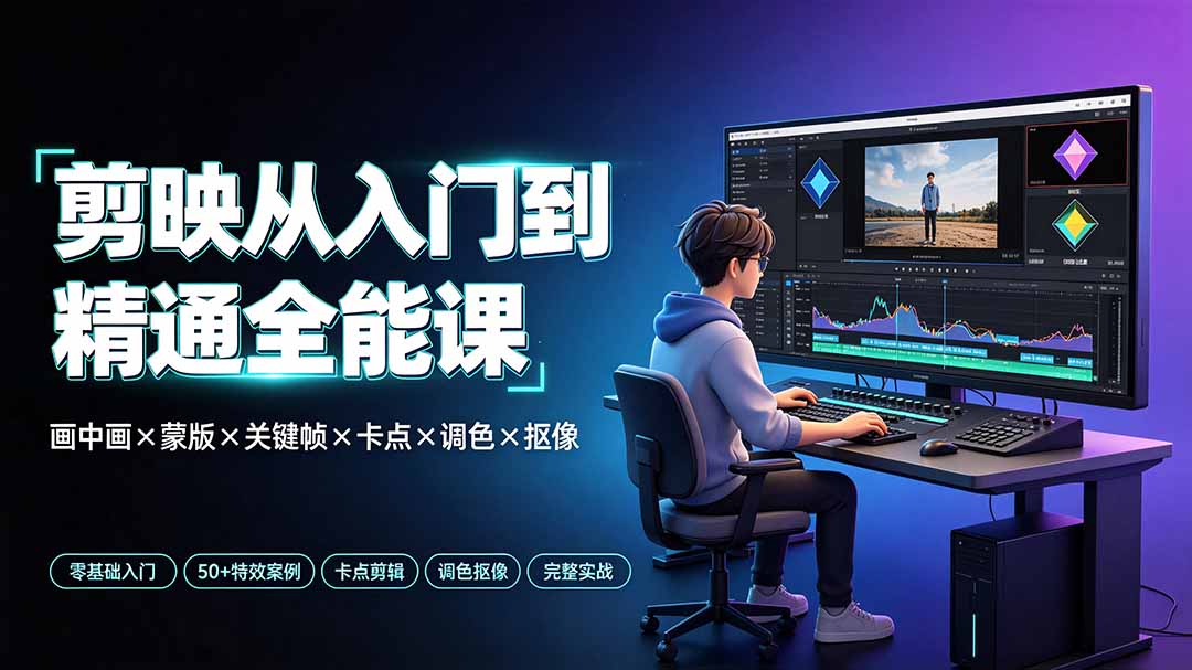 剪映从入门到精通全能课：画中画×蒙版×关键帧×卡点×调色×抠像，一站式掌握剪辑核心技能-天韵资源网