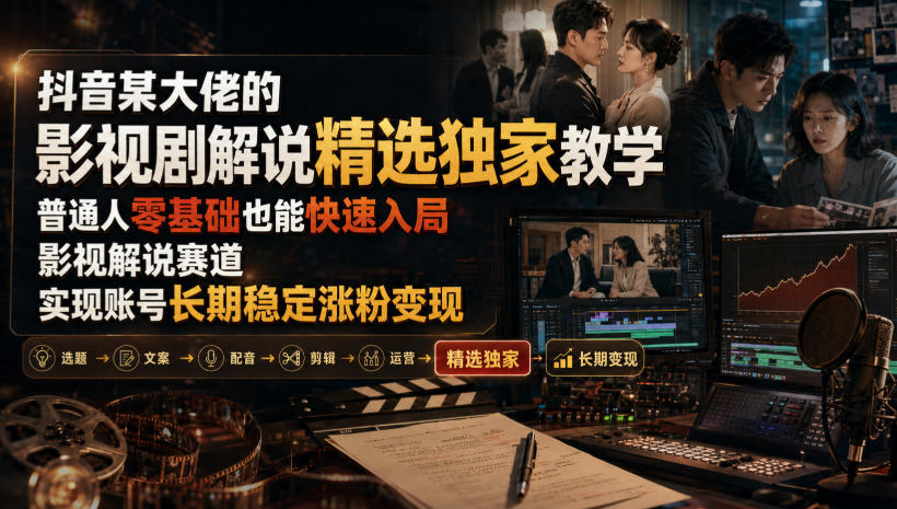 抖音某大佬的影视剧解说精选独家教学，普通人零基础也能快速入局影视解说赛道，实现账号长期稳定变现-天韵资源网